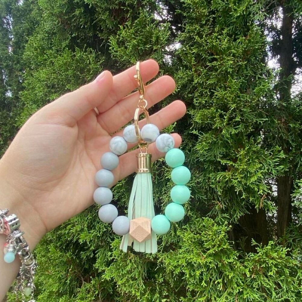 Teal/Grey Beaded keychain